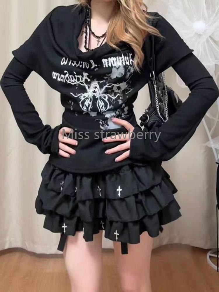 Letní gotická slim černá trička s potiskem dámská hot girl Y2k nová trička s krátkým rukávem dámská high street retro estetické oblečení