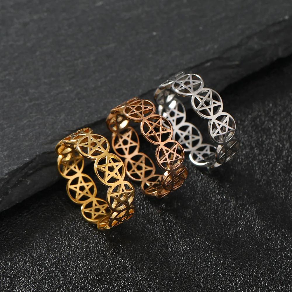 YILUOCD Stainless Steel Pentacle Ring Geometric Pentagram Ring for Women Wicca Protection Amulet Hollow Star Christmas Jewelry