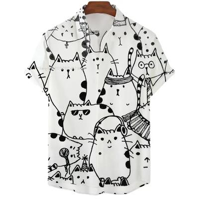 Herrenhemd Schwarz Weiß Niedliche Katze 3D-Druck Herrenbekleidung Übergroß Sommer Lässig Hawaii Strand Hawaiianisch Harajuku Urlaubshemd