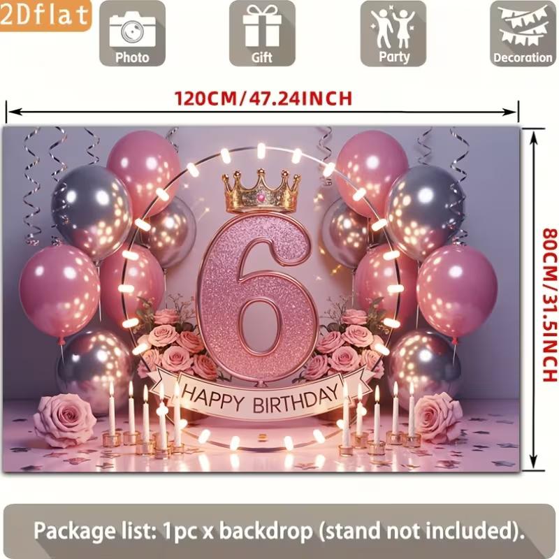 2D 6th Birthday Photography Backdrop, Pink and Silver Balloon with Light Ring Background