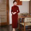 Womens Long Sleeve Knit Velvet-Lined Cheongsam Dress Winter Warm Retro Style Modest Elegant Outfit Holiday