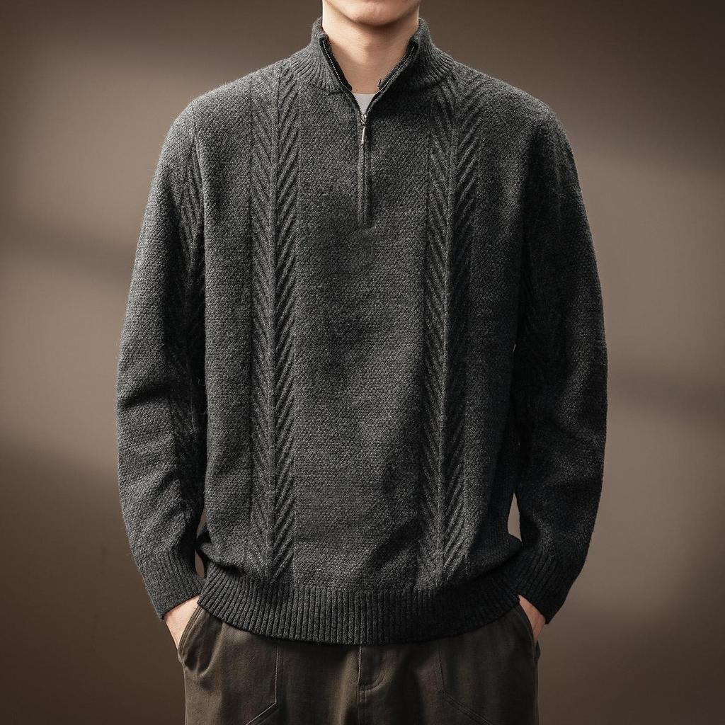 Men's High-End Half-Zip Stand Collar Sweater - Thickened Knit Jacket for Autumn/Winter