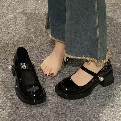New French Retro Mary Jane Single Shoes Round Head Square Heel High Thick Heel Height Increase Small Leather Shoes Women's Velcro Retro