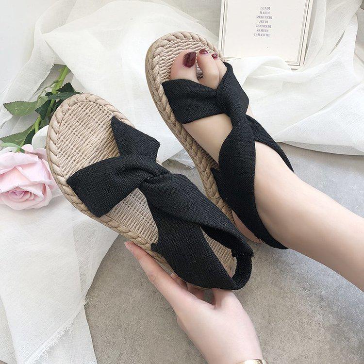 Women's Summer Roman Sandals - Woven Straw Linen with Elastic Band