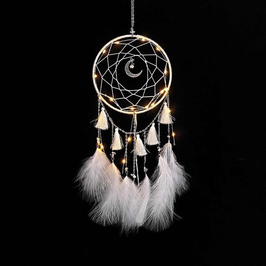 Elegant Feather Wind Chime with Dream Catcher Net, LED Pendants - Creative Handmade Gift for Her"
