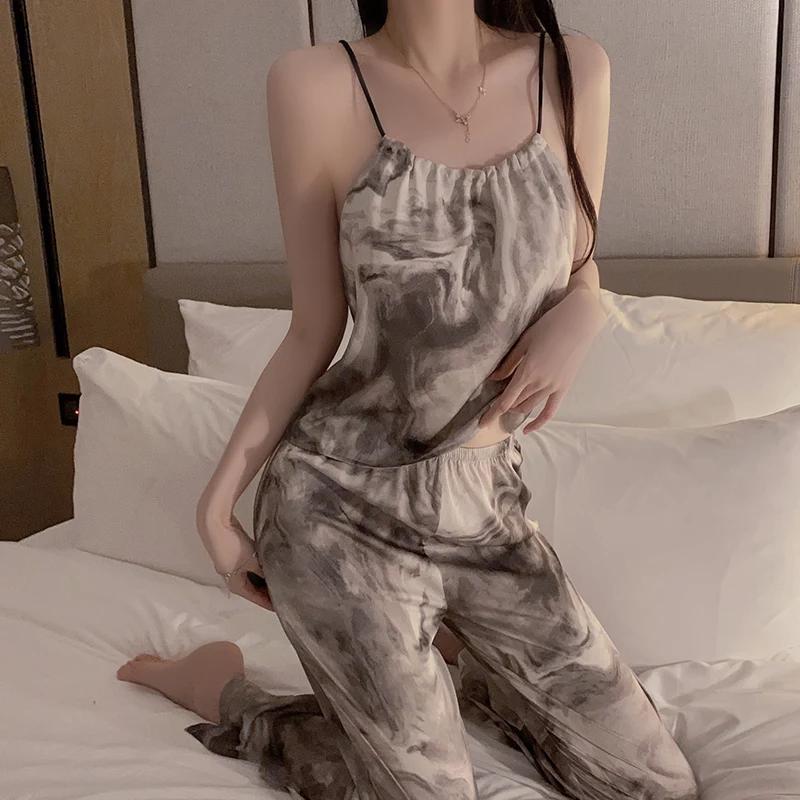 

Пижама в китайском стиле для женщин, новый стиль, ретро-принт, атласные топы на подтяжках, брюки с разрезами, домашняя одежда, женский комплект из 3 предметов XL