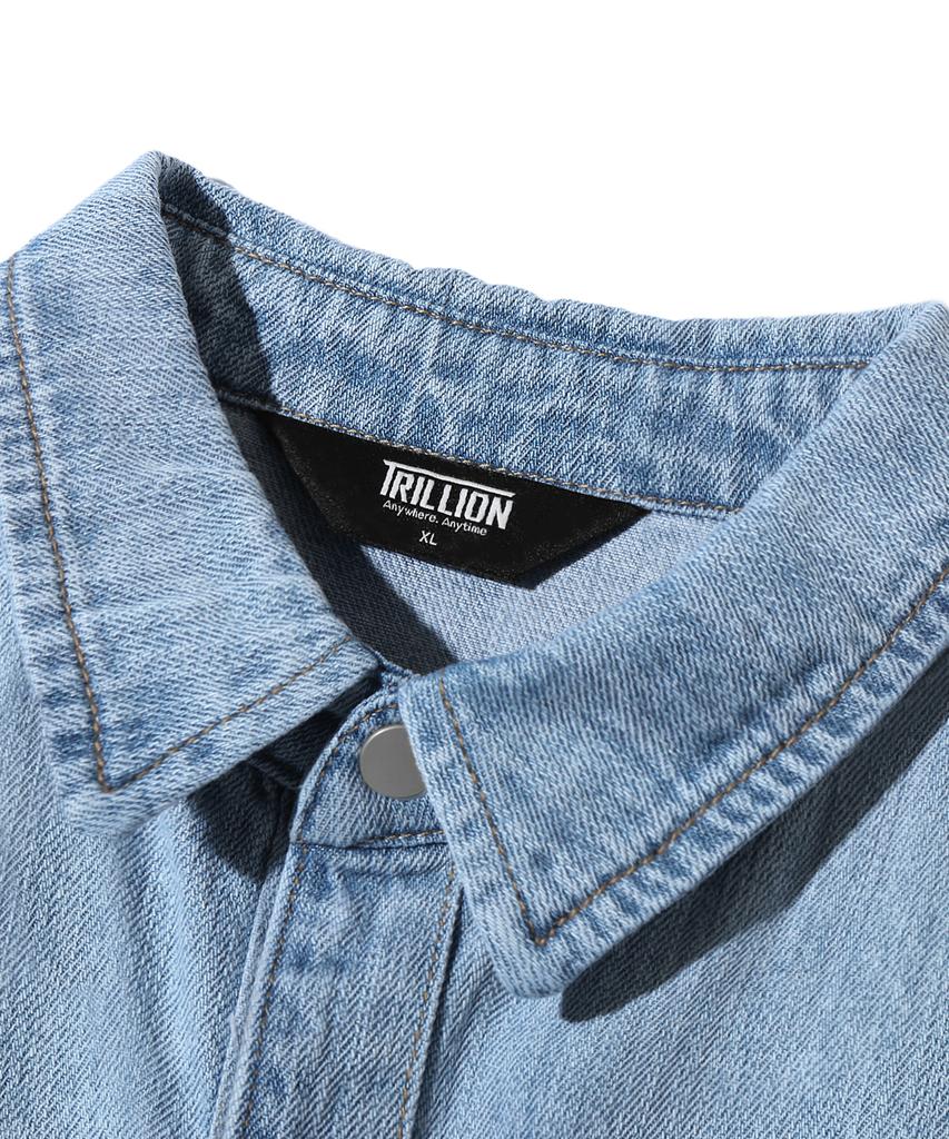 TRILLION Rain Slub Washed Oversized Denim Short Sleeve Shirt (Sky Blue)