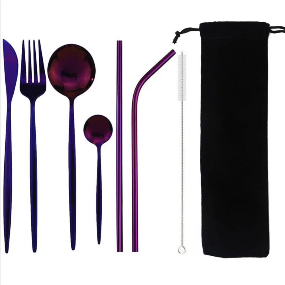 8Pcs/set Tableware Reusable Travel Cutlery Set Camp Utensils Set with Stainless Steel Spoon Fork Chopsticks Straw Portable Case