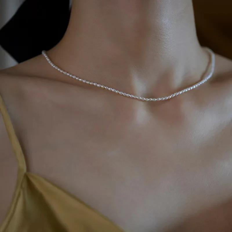 

YWYC 2.5-3.5mm Rice Shape Freshwater Pearl Necklaces 40cm Length 925 Silver Collar Necklaces for Women Jewelry Gift 40cm&silver белый