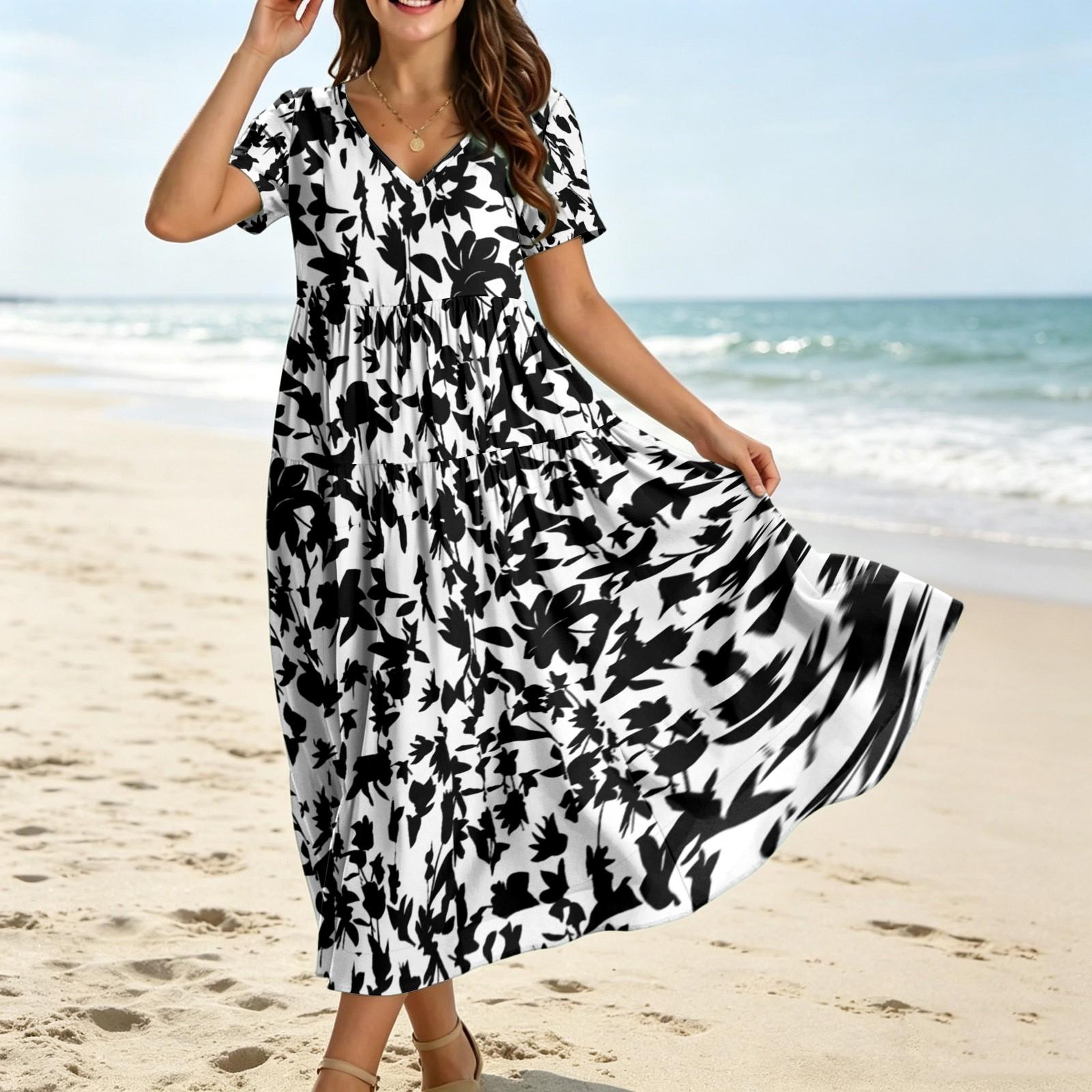 

Женское повседневное свободное богемное платье с цветочным принтом, длинное макси-платье с коротким рукавом, летнее пляжное платье-качели L чёрный