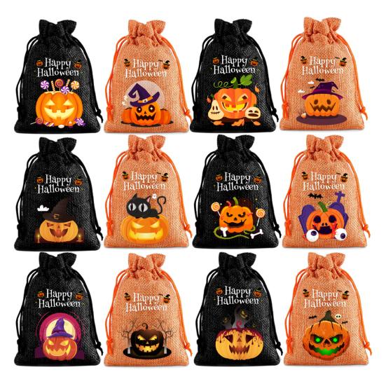 12 Pcs Halloween Treat Bags Burlap Gift Bags Mini Drawstring Candy Bags Pumpkin Pattern Goodie Bags for Halloween Party Favors