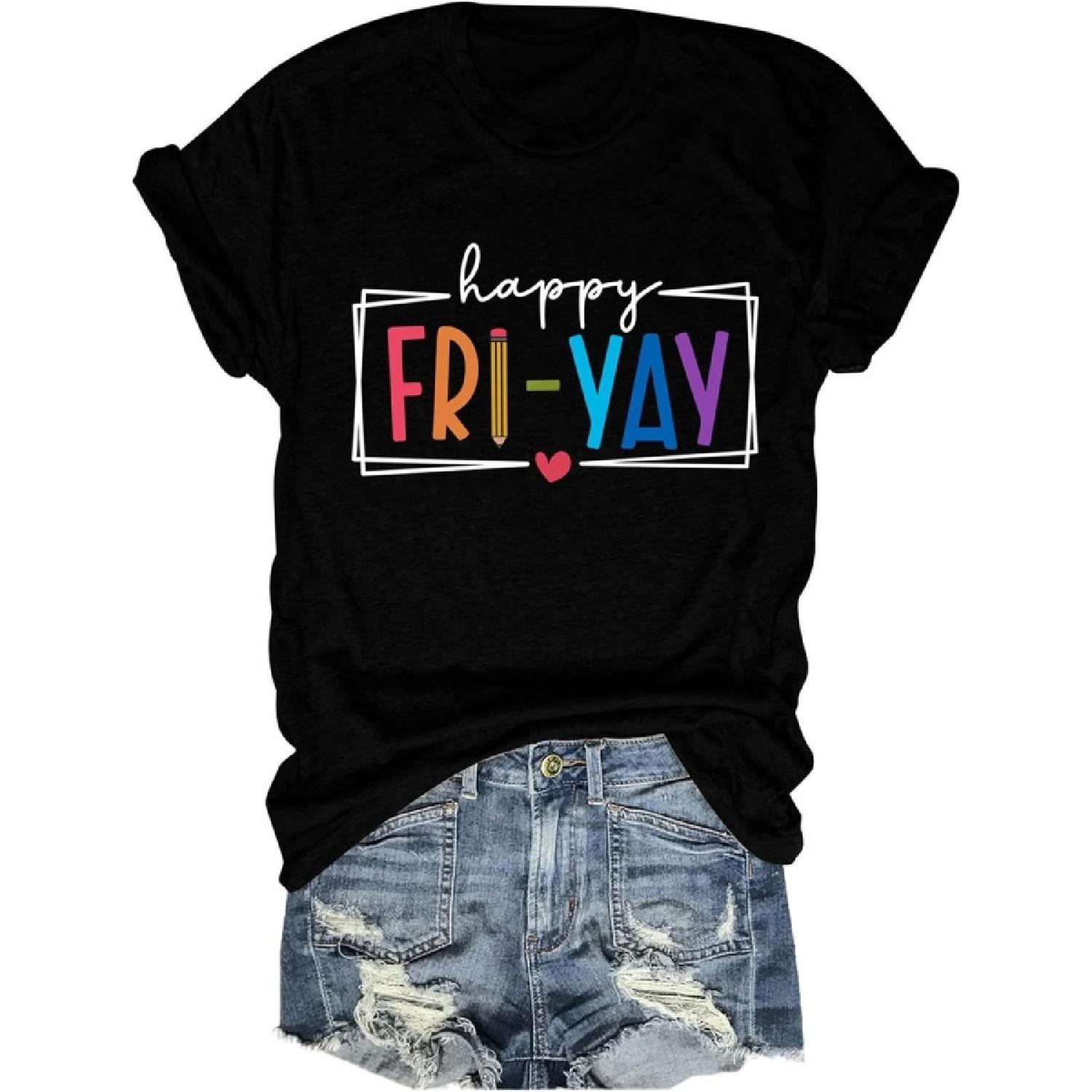 

XEXOAQ Teacher T-Shirt for Women Happy Fri Day Shirts Graphic Tees Crew Neck Short Sleeve Casual Summer Tops XXXXXL чорний