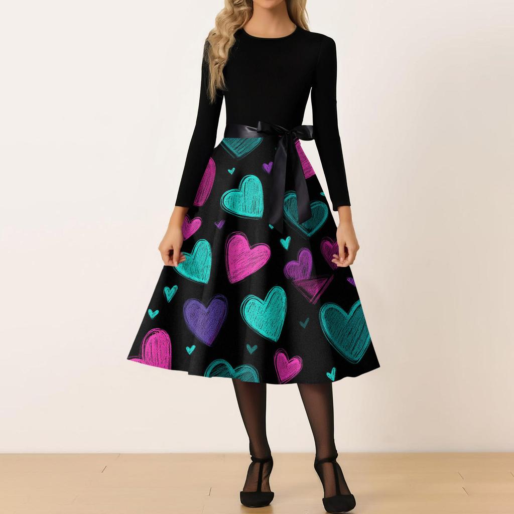 Women's Casual Fashion Round Neck Valentine's Day Printed Retro Dress