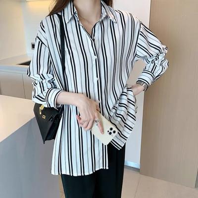 Vertical Striped Shirt Women's Spring Summer Korean Shirt Loose Design Lazy Style Top French Long Sleeved Shirt