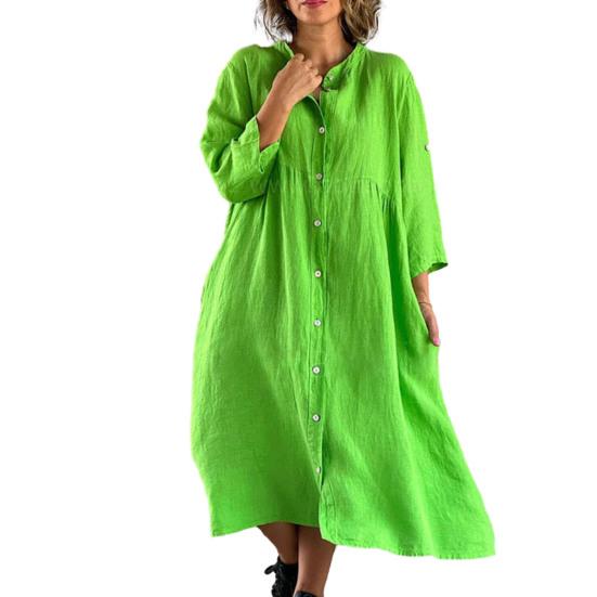 Dame sommer løs skjortekjole stativ krage 3/4-ermet knapper stolpe ensfarget løs passform midikjole Streetwear