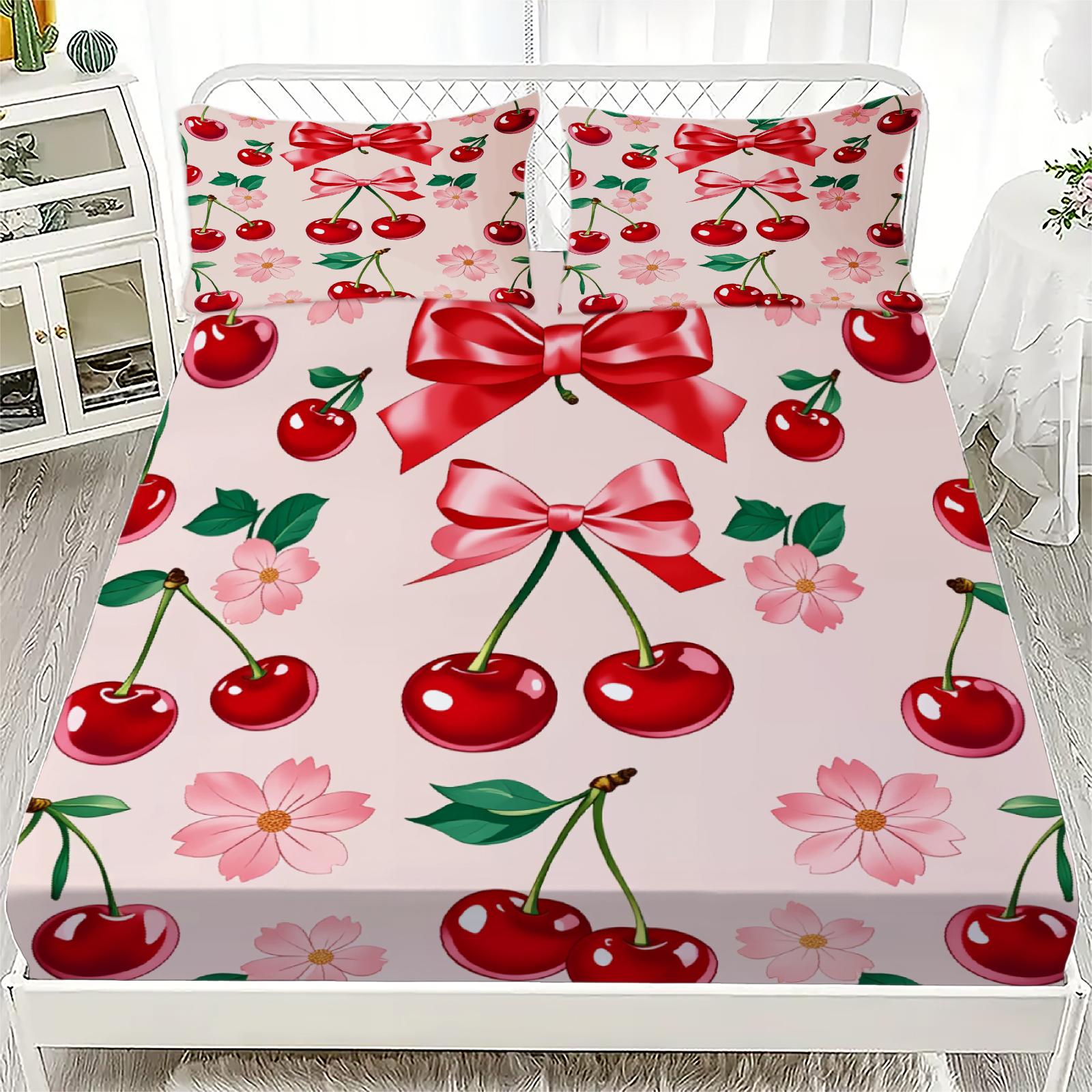 

White Pink Flat Sheet 3D Printed Cartoon Fruit Floral 3pcs Fitted Sheets Sets Gifts For Students Girls Dormitory Room Decoration 99x190x25cm