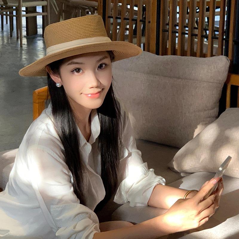 Flat top sunshade straw hat women's straw hat casual wind summer sun protection seaside vacation photo beach hat