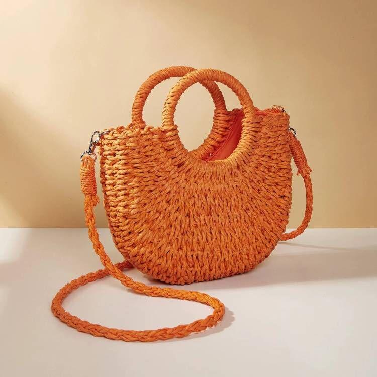Borsa da spiaggia estiva da donna in paglia intrecciata di rattan semicircolare