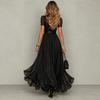 Vestido Largo de Gasa con Cuello Alto y Ribete de Encaje para Mujer, Mangas Cortas Abullonadas, Abertura Frontal, Cintura Plisada, Dobladillo Fluido, Elegante Vestido Largo