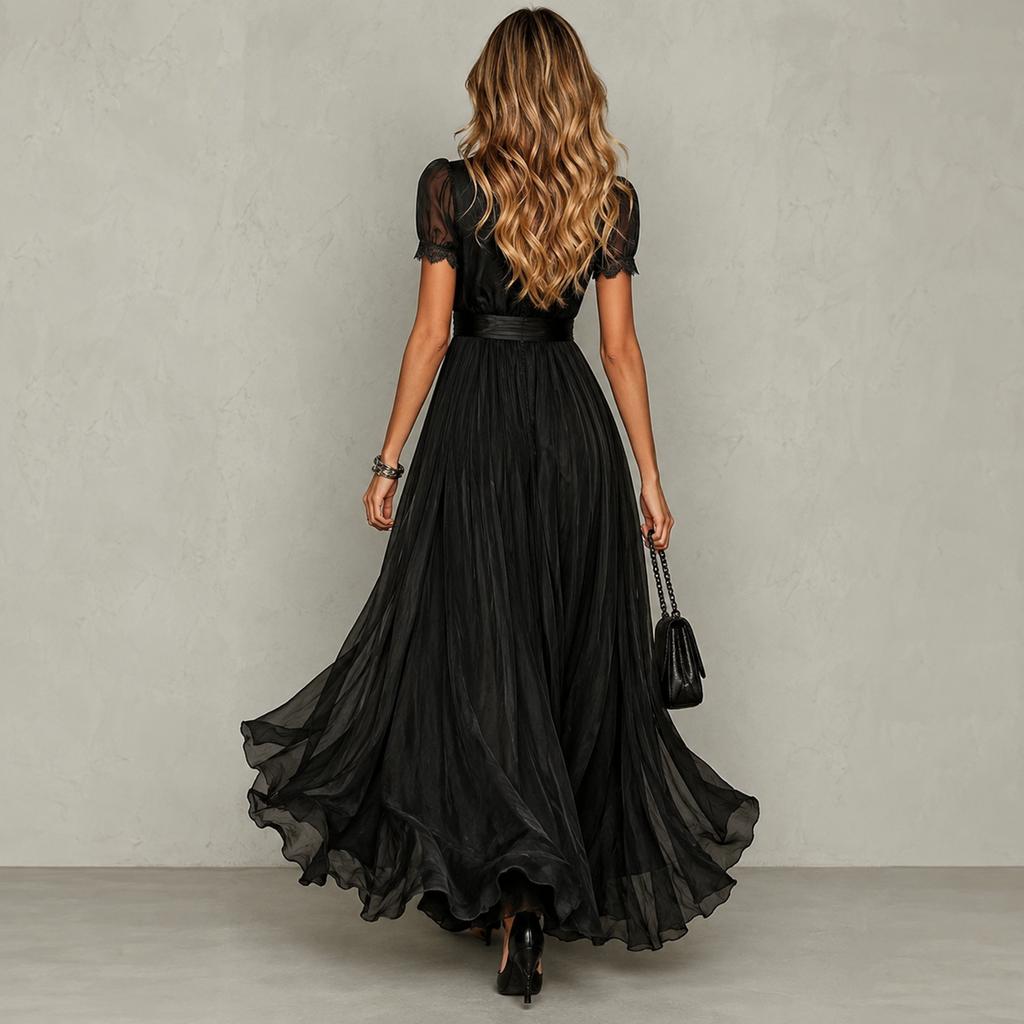 Vestido Largo de Gasa con Cuello Alto y Ribete de Encaje para Mujer, Mangas Cortas Abullonadas, Abertura Frontal, Cintura Plisada, Dobladillo Fluido, Elegante Vestido Largo