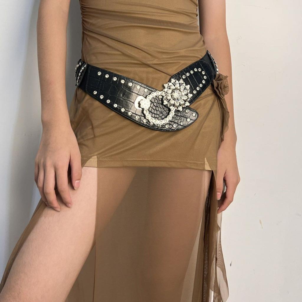 Diamond Spliced Wide Waist Seal Diamond High Elastic Belt, Women's Coat Skirt Faux Leather Elastic Belt