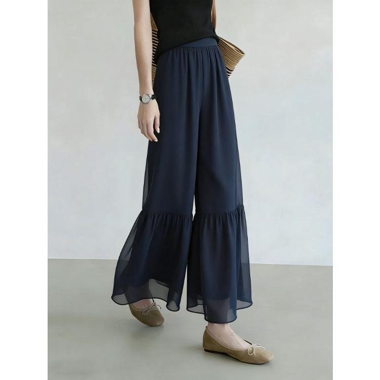 Women Elastic Waist Chiffon Ruffle Hem Wide Leg Cropped Pants Layered Flowy Sheer Capri Trousers Lightweight Summer Daily Office Casual Pants
