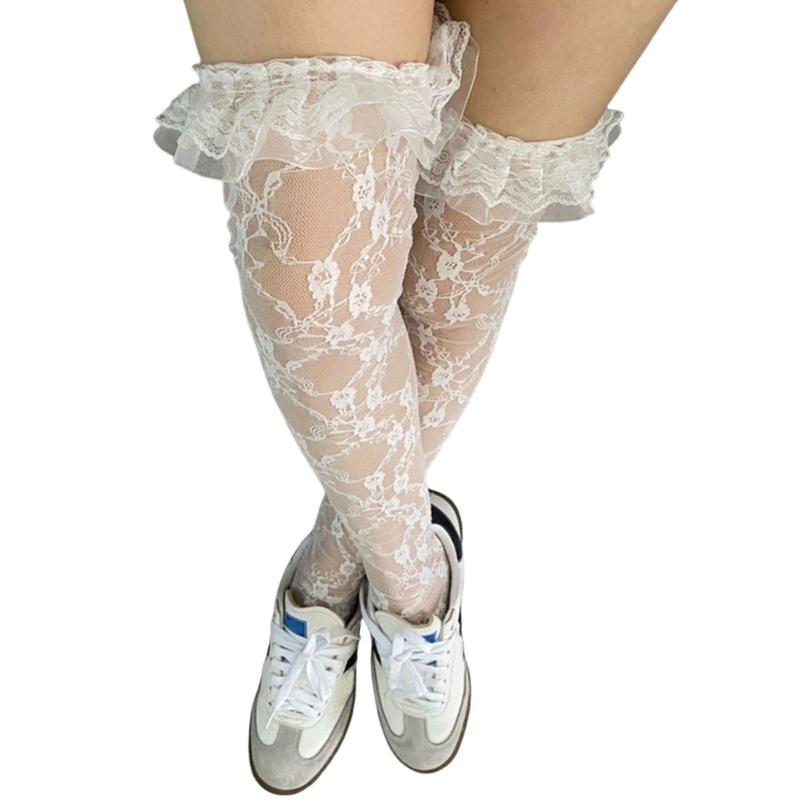 Womens Japanese Sheer Flower Lace Fishnet Thigh High Stockings Sweet Layered Ruffle Trim Frilly Over Knee Long Socks