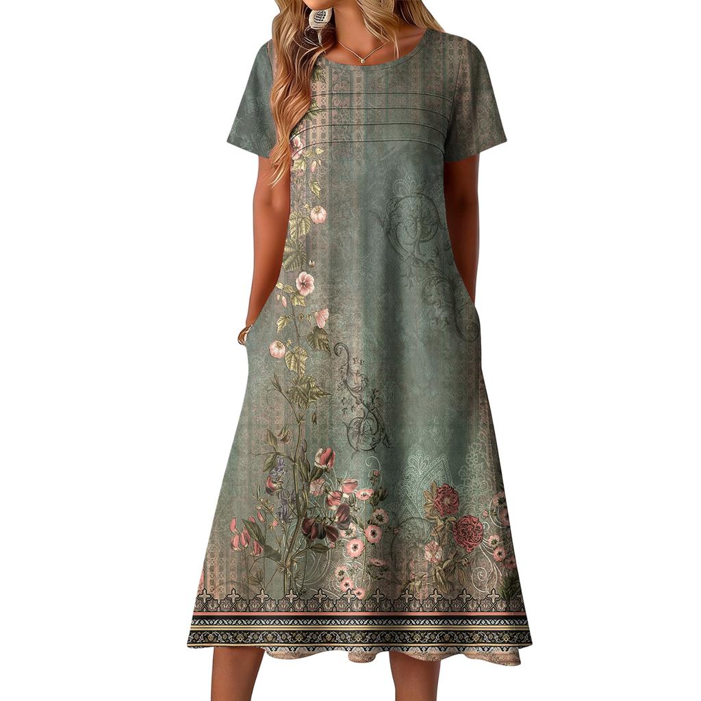 Damenkleid mit Blumenmuster, lässig und modisch, kurzärmelig, Rundhalsausschnitt