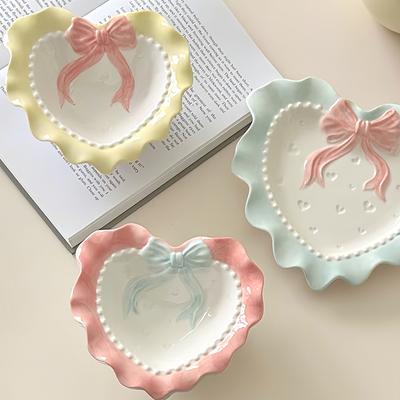 AhunderJiaz Cute Ceramic Dinner Plate Love Bow Jewelry Display Tray Wavy Edge Breakfast Plate Home Decor Photography Props