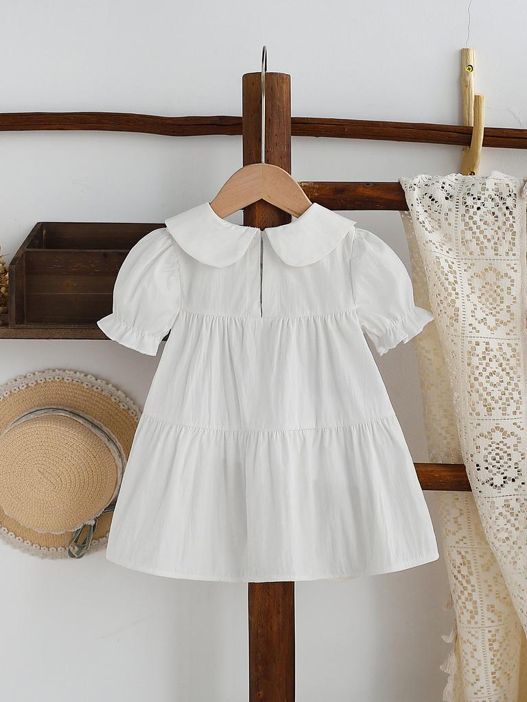 Baby Girl Summer Dress Short Sleeve Peter Pan Collar Embroidered Casual Outfit Toddler Cute Floral Dress