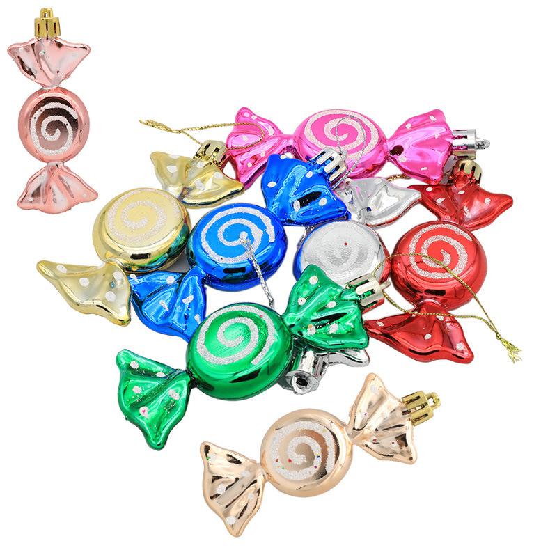 6Pcs Electroplating Plastic Candy Christmas Decoration Flat Candy Shape Xmas Hanging Ornament
