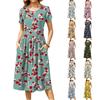 Women's Fashion Casual Loose Floral Print Round Neck Pocket Short Sleeve Dress