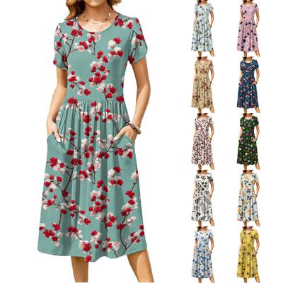 Women's Fashion Casual Loose Floral Print Round Neck Pocket Short Sleeve Dress