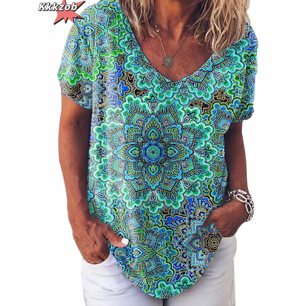 Vintage Print Top Women Short Sleeved Streetwear Summer Tee Women's Fashion Casual V Neck T Shirts Y2k Oversized Female Clothing