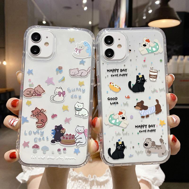 Cute Kawaii Cat Dog Sticker Phone Case for iPhone 17 16 15 14 13 12 11 Pro Max Plus Korean Style Shockproof Clear Soft TPU Cover