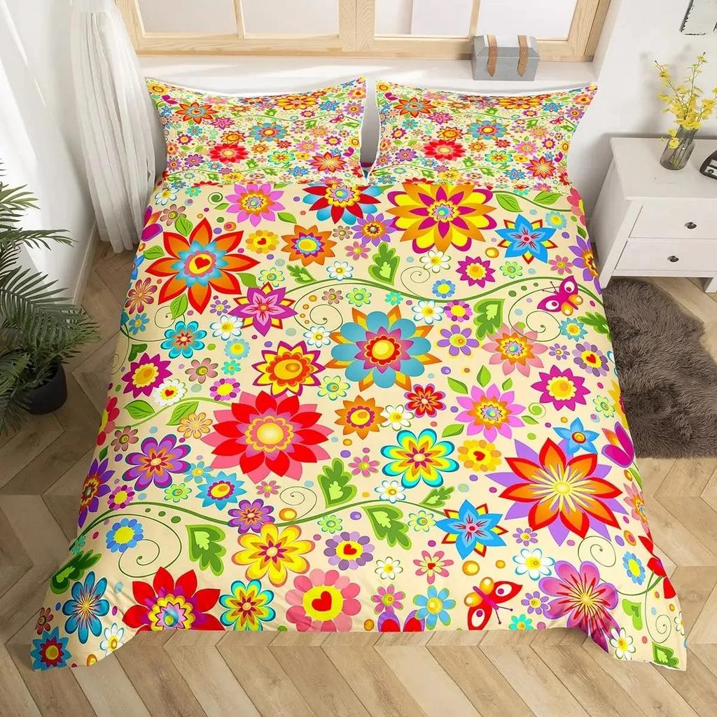 Retro 70er Jahre Hippie Stil Bettbezug Set Queen, Psychedelisches Pilz Bettwäsche Set Regenbogen Blumen Sterne Mond Bettdeckenbezug