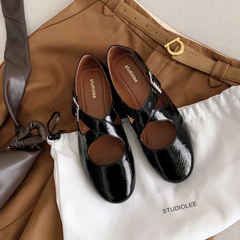 Studiolee Cross Strap Silver Round Head Soft Leather Mary Jane Women's Shoes Light Mouth Flat Shoes