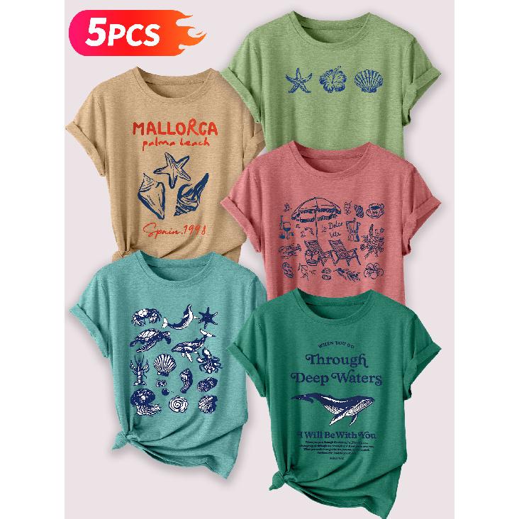 Follow a specific direction Five-piece set for women T Shirt with vintage ocean shell print Elegant Summer Party Outfits Short-sleeved shirt for work