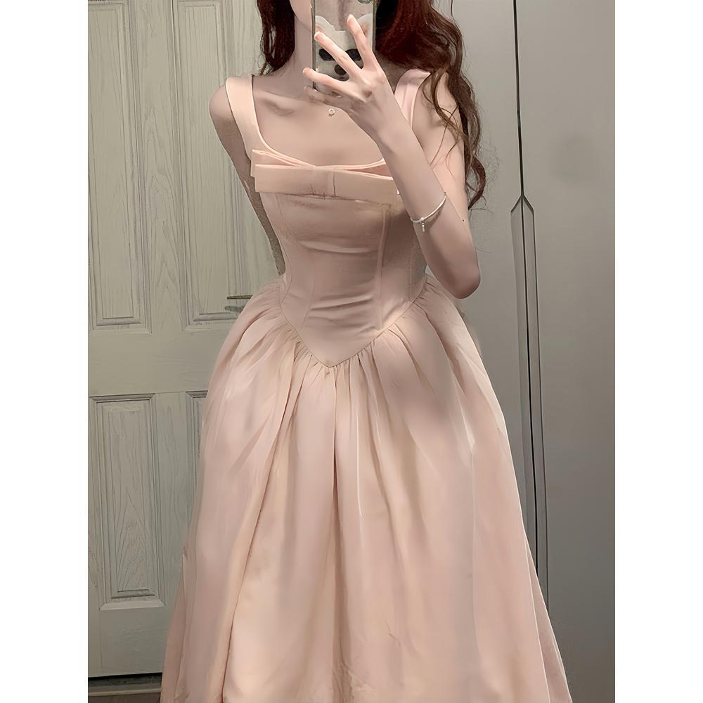 

Pink daughter wind suspender women s long high waist summer waist a word square neck light dress fish bone dress L- (recommended 100-55kg) рожевий