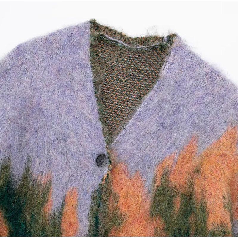 Landscape Paint Tie Dyed Women's Cardigan Sweater Fashion V-neck Single Breasted Female Sweaters 2024 Autumn Chic Lady Outwear