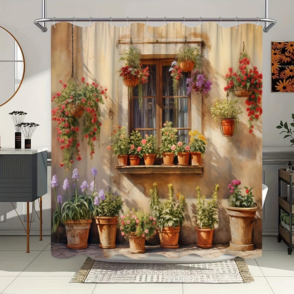 

1Pc Vintage-Style Outdoor Bath Curtain, Hanging Flower Pots And Potted Plants Shower Curtain, Bathtub Curtain And Hooks W60H190(CM)-1 Pcs