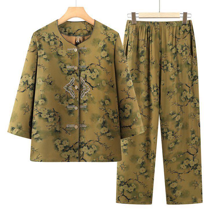 

Spring & Autumn Floral Suit for Middle-Aged Women: Plus-Size Casual Two-Piece Set for Comfortable Home Wear 5XL зелёный