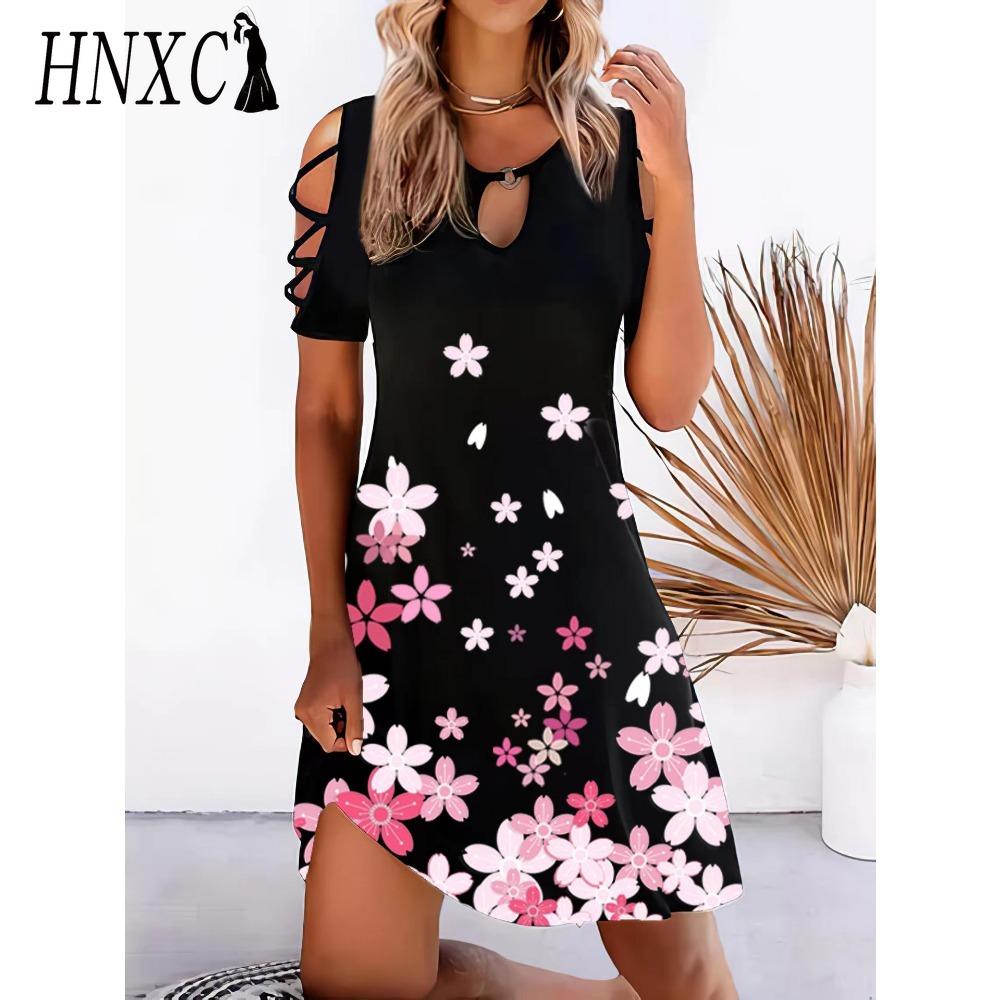 HNXC 13 Color Women Floral Print Dress Summer Sexy Short Sleeve O-Neck Mini Dresses Female Vintage Elegant Dress