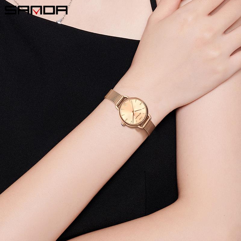 Sanda Women's Fashionable Quartz Watch - Simple Ins Style, Light Luxury, Small Round Green Design
