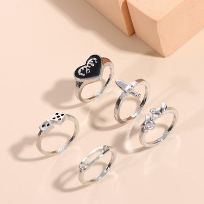 Korean Retro Hollow Fire Flame Rings Set for Men Women Geometric Love Heart Open Finger Ring Adjustable Simple Jewelry Gifts