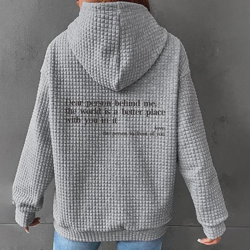 Women's Waffle Knit Hooded Sweatshirt with Letter Print - Loose Fit, Long Sleeves, Autumn/Winter Style  
