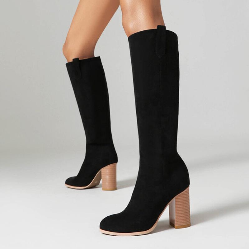 Frosted Round Head Thick Heel Tall  Boots Long Boots Large Size Boots