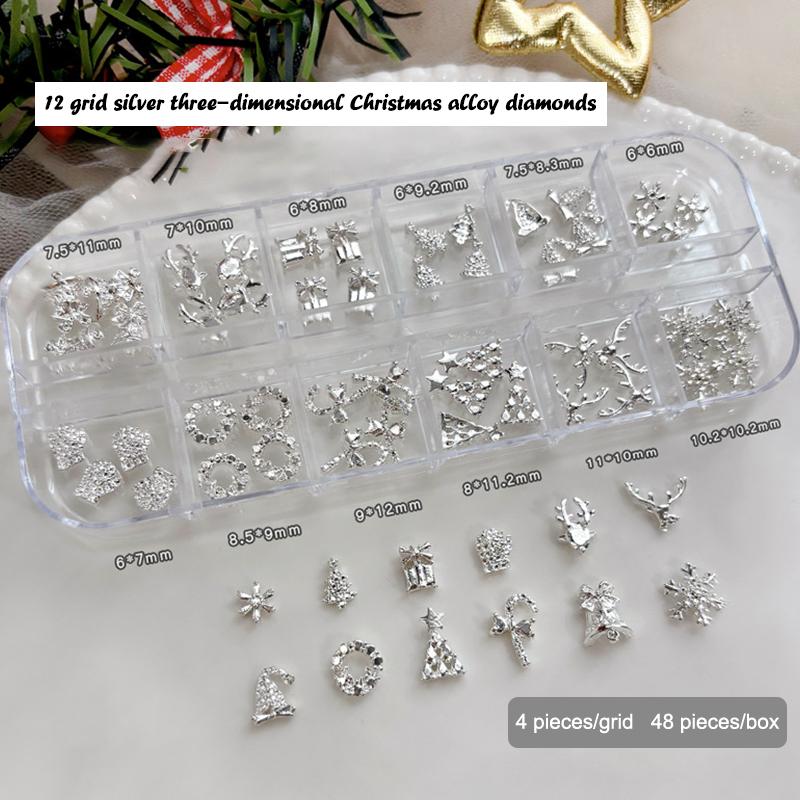 

48 шт./Коробка Рождественские украшения для ногтей с милыми оленями, снежинками и колокольчиками, аксессуары для ногтей серебряный