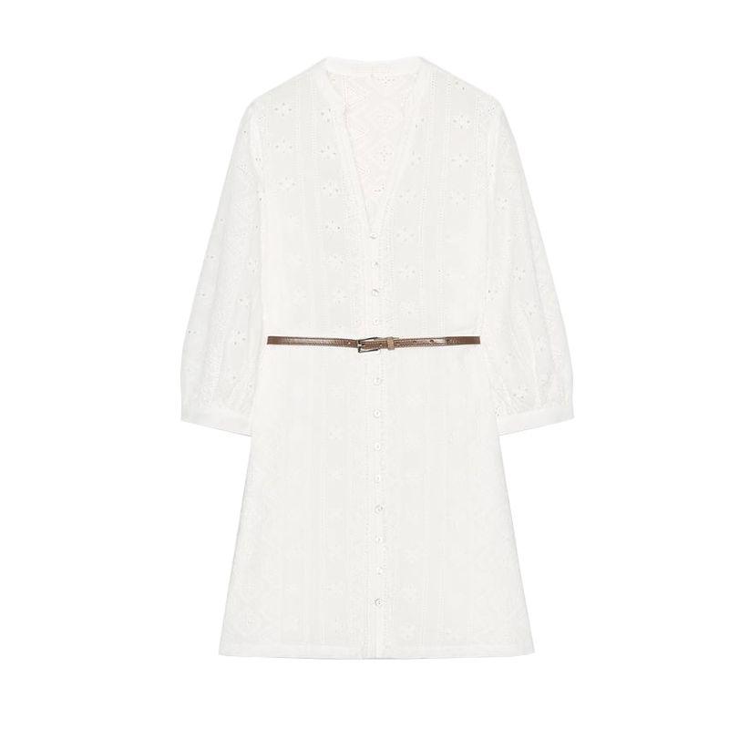 

Spring and Summer New Women s Clothing with Belt V-neck Double-Breasted White Hollow-out Embroider Mini Dress 4745023 White L
