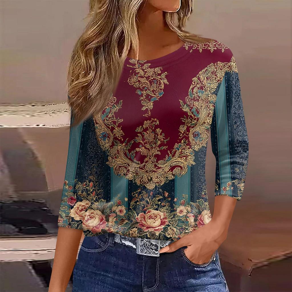 Damen T-Shirt Print 3/4 Ärmel Alltagsmode Wochenende Basic Rundhals Normales Oberteil